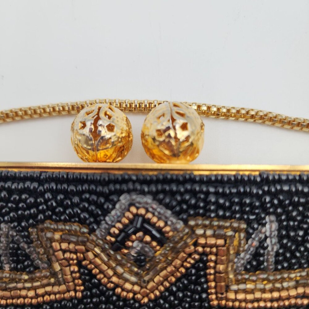 VTG Black & Gold Hand-Beaded Evening Bag Ornate Design & Chain Strap By Walborg - Picture 3 of 16